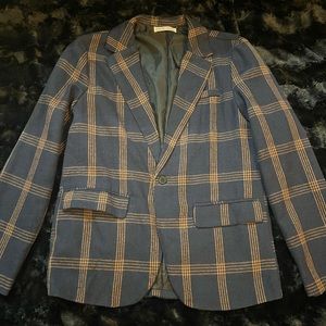 Stylish Blue and Tan Plaid Blazer Boys Size 13-14Y